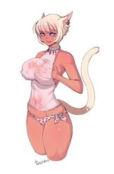 1girls animal_ears big_breasts bimbo blonde_fur blonde_hair blue_eyes breast_grab breasts busty cat_ears cat_tail catgirl cleavage female female_only final_fantasy final_fantasy_xiv hourglass_figure large_breasts miqo'te panties self_fondle solo tail tesomu voluptuous