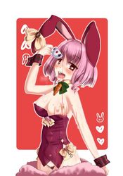 blush breasts bunny_ears cup hare_humanoid heart heart-shaped_pupils march_hare_(monster_girl_encyclopedia) monster_girl monster_girl_encyclopedia nipples open_mouth panties pink_hair pours_out red_eyes short_hair tongue tongue_out