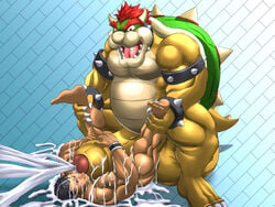 2boys anthro balls barefoot big_balls big_penis boner bowser cum cumshot duo ejaculation erection huge_balls huge_cock human human_on_anthro humanoid_penis interspecies koopa lying male male_only mammal mario_(series) multiple_boys nintendo nude on_back orgasm penis penis_hug reclamon scalie simple_background standing uncut yaoi