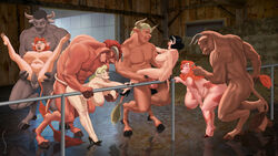 animal_humanoid anthro balls bent_over big_breasts bovine breasts cow_humanoid erection female from_behind_(disambiguation) furry group group_sex horn huge_breasts humanoid male mammal minotaur nose_piercing nude penetration penis pussy sex spread_legs spreading stand_and_carry_position standing straight synthean vaginal_penetration