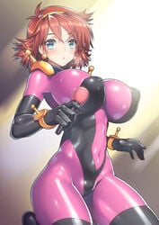 1girls 2016 big_breasts bodysuit breasts brown_hair clothed clothes curvaceous female g_gundam gundam human large_breasts light-skinned_female light_skin microphone mobile_trace_suit nagase_haruhito pilot_suit pink pink_bodysuit puffy_nipples rain_mikamura short_hair skin_tight solo thick_thighs wide_hips