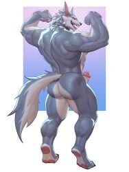 2025 3:4 absurd_res anthro ass back_muscles biped canid canine canis colored dislyte freddy_(dislyte) genitals hi_res humanoid_genitalia humanoid_hands humanoid_penis lilith_games male mammal muscular muscular_anthro muscular_male muscular_thighs penis solo uiokv wolf