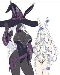 2d 2d_(artwork) 2girls blue_eyes bunny_ears bunny_girl bunnysuit cute dark_skin doll elden_ring_nightreign flowers large_breasts mokotoko9 pale_skin recluse_(nightreign) revenant_(nightreign) thick_thighs white_hair witch witch_hat