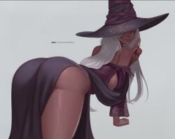 1girls 2d 2d_(artwork) bent_over clothed_female elden_ring_nightreign fat_ass female finger_pointing long_hair looking_back punkpauk recluse_(nightreign) sweat teasing thick_thighs white_hair wide_hips witch witch_hat