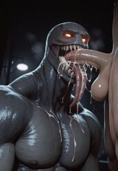 2boys ai_generated blowjob capcom cum cum_in_mouth cum_inside cumshot erection faceless_male fangs fellatio gay grey_body grey_skin human humanoid long_tongue male male/male male_only monster monster_boy muscular muscular_male open_mouth oral_sex penis red_eyes regenerator regenerator_(resident_evil) resident_evil resident_evil_4 resident_evil_4_remake saliva sex standing tongue tongue_out visible_breath