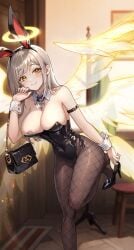 angel_girl angel_wings black_suit bunny_ears gold_eyes golden_eyes grey_hair grey_hair_female high_heels isekai_slow_life latex latex_dress one_nipple_out sera_isekai_slow_life