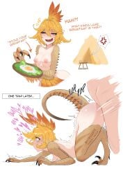 absurdres anger_vein arrow_(symbol) artist_name blonde_hair breasts dokibird_(vtuber) egg english_text feather_hair female furry green_eyes hair_between_eyes heart heterochromia highres indie_virtual_youtuber kulu-ya-ku monster_girl monster_hunter_(series) myth1carts nipples open_mouth orange_feathers plap red_eyes sex spoken_anger_vein tail talons tent trembling virtual_youtuber