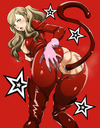 anal anal_object_insertion ann_takamaki ass blonde_hair blue_eyes blush bodysuit breasts breasts_out buttplug buttplug_tail cat_tail clothing earrings female gloves highres human jewelry looking_at_viewer monpuchi nipples object_insertion pale_skin persona persona_5 phantom_thief_suit pink_gloves red_background saliva simple_background solo star tail teeth tied_hair tongue tongue_out twintails