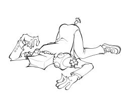 ass_up faust_(guilty_gear) guilty_gear guilty_gear_xrd knocked_out knockout labcoat line_art male male_only onemillionfurries_(artist) paper_bag toony tranquilizer tranquilizer_dart