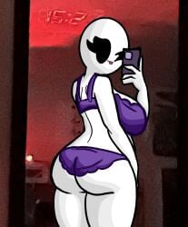 ass bald bald_female big_breasts black_eyes bra breasts chetoh chubby chubby_female claire_(chetoh) egg female female_focus female_only lingerie lingerie_only looking_at_viewer looking_back mirror mirror_reflection mirror_selfie oc original original_character panties phone photo_background purple_bra purple_panties rear_view selfie smile smiling smiling_at_viewer tagme tongue white_body
