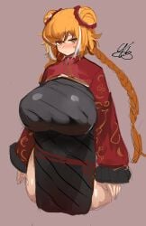 1girls 9is blush braided_hair breasts busty chinese_clothes dress female female_only hair_bun huge_breasts ishmael_(limbus_company) light-skinned_female light_skin limbus_company long_sleeves looking_at_viewer orange_eyes orange_hair project_moon solo thick_thighs tied_hair twin_braids wide_sleeves