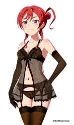 armpits babydoll bare_belly bare_shoulders belly_button black_panties blue_eyes blush body_blush box_wonderland breasts brown_thighhighs cleavage closed_mouth collarbone elbow_gloves front-tie_top garter_belt garter_straps gloves hair_bun lace-trimmed_panties lingerie love_live! love_live!_superstar!! panties red_hair see-through_clothing small_breasts thighhighs thighs underwear yoneme_mei
