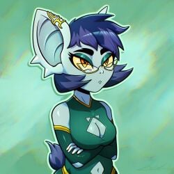 beliana_(zelieldraws) big_breasts blue_hair blue_skin earrings female female_goblin fully_clothed glasses goblin goblin_female goblin_oc original original_art original_artwork original_character pointy_ears tail yellow_eyes zeliel zelieldraws