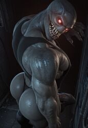 1boy ai_generated ass ass big_penis capcom erection fangs gay grey_body grey_skin inviting looking_at_viewer male male_only monster monster_boy muscular muscular_male partially_clothed pecs penis presenting red_eyes regenerator regenerator_(resident_evil) resident_evil resident_evil_4 resident_evil_4_remake shirt solo solo_focus teasing thong tongue