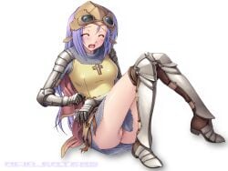 2000s_(style) armor armored_boots armored_skirt blush boots breastplate brown_cape brown_socks cape censored chainmail closed_eyes clothes_between_thighs commentary_request cross female full_body game_available gauntlets goggles goggles_on_head greaves helmet kazuma_muramasa knight knight_(ragnarok_online) latin_cross long_hair mosaic_censoring no_panties open_mouth pauldrons polearm purple_hair pussy ragnarok_online shoulder_armor simple_background sitting socks solo variant_set weapon white_background