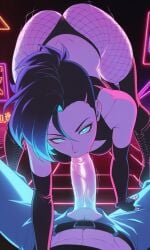 1boy 1girls ai_generated blowjob blue_eyes cleavage cleavage_cutout dummy_thicc elbow_gloves female fishnets hand_on_thigh jack-o_pose male moika moikaloop motion_lines multicolored_hair ndsilver059 neon_lights oral oral_penetration oral_sex penis pov pov_eye_contact punk_girl punk_hair sex shaved_sides straight straight_sex sucking_penis tagme thigh_boots wide_hips