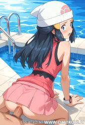 1boy 1girls aged_up ai_generated anal anal_sex ass bare_shoulders blue_hair blush bottomless clothing dawn_(pokemon) doggy_style female looking_at_viewer looking_back male male_penetrating_female pink_skirt pokemon pool poolside skirt