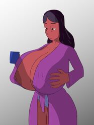 1girls 5h4m3l355 areola breasts busty cleavage dark-skinned_female female_only gigantic_breasts milf no_bra pajamas priyanka_maheswaran robe see-through solo steven_universe straight_hair voluptuous