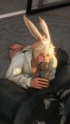 barefoot big_cock big_penis black_body blonde_hair blonde_male blowjob blue_eyes body_hair bunny_boy bunny_ears carpet cum cute_boy feet femboy gay gay_blowjob gay_male gay_sex gpose(ffxiv) gpose_(ffxiv) huge_cock huge_penis massive_cock mouthful penis_bigger_than_head precum sucking_dick sucking_penis twink unknown_artist veins veins_on_dick veiny_penis
