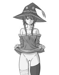 bare_shoulders black_thighhighs clitoris dress female fingerless_gloves gloves greyscale hat highres kono_subarashii_sekai_ni_shukufuku_wo! lifting_own_clothes looking_at_viewer megumin monochrome naughty_face no_pants open_mouth pussy ryehry short_hair_with_long_locks thighhighs upper_body white_background