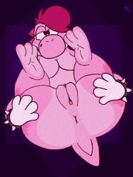 anthro anus ass big_butt breasts clothing cowprintsoda dinosaur fan_character feet female genitals gloves gum_(eggbomber101) hair hand_on_butt handwear legs_up looking_at_viewer mario_bros markings mole_(marking) mugen nintendo non-mammal_breasts non-mammal_hair pawpads pink_body pink_hair pink_markings pink_yoshi prehistoric_species presenting presenting_anus presenting_pussy pussy reptile scalie solo spiked_gloves spikes watermark yoshi