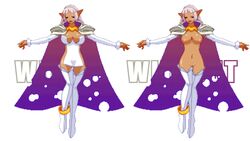 animated ankle_cuff anklet arcana_heart arm_sleeves bare belly big_breasts boots bracelet breasts cape cleavage closed_eyes clothed dark_skin dress female jewelry large_breasts legwear long_hair navel nipples no_panties open_mouth pannonique parace_l'sia pixel_art pointy_ears purple_cape pussy revealing_clothes smile thighhighs white_boots white_dress white_hair white_legwear with_without