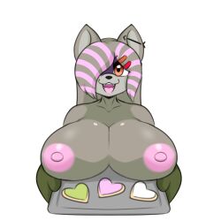 anthro baking_tray big_breasts breasts breasts_out cookies daria_(cringebird) earring female furry highlights_(coloring) iamkat95 nipples nonbinary oven_mitts raccoon tagme ych_result