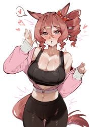 animal_ears baobao771100 black_pants blush blussh bow breasts brown_hair cleavage collarbone commentary drill_hair ear_bow female grey_eyes hair_between_eyes hand_up heart highres horse_ears horse_girl horse_tail jacket large_breasts looking_at_viewer norn_ace_(umamusume) open_mouth pants pink_jacket pussy_juice red_bow saliva short_hair side_ponytail simple_background solo spoken_heart sweat symbol-only_commentary tail umamusume umamusume:_cinderella_gray white_background yoga_pants