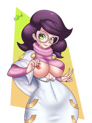 1girls aether_foundation belly big_breasts big_hair breasts capelet clothed eyelashes female female_only flashing fully_clothed glasses green_eyes human kidkuo kisskuo lipstick long_hair looking_at_viewer makeup nail_polish nintendo nipples one_breast_out pokemon pokemon_sm purple_hair shirt shirt_lift simple_background smile solo sweater sweater_lift text turtleneck underboob v white_background white_border wicke_(pokemon) wide_hips yellow_background