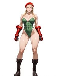 abs ai_generated bewitching_thighs big_breasts blonde_hair blue_eyes cammy_white cleavage full_body high_heel_boots muscular shu street_fighter