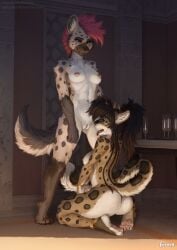 2025 2girls 4_toes 5_fingers anthro anthro_on_anthro areola ass biped breasts brown_body brown_fur brown_tail claws countershade_fur countershade_torso countershading digital_media duo ear_piercing feet felid feline female female/female finger_claws fingers foxovh fur furry genitals green_eyes hi_res hyena hyena_girl inner_ear_fluff inside kneeling looking_at_another looking_down looking_down_at_another mammal markings navel nipple_piercing nipples nude nude_anthro nude_female open_mouth pawpads paws piercing pink_hair pussy smile spots spotted_body spotted_fur spotted_markings spotted_tail standing tail tail_markings teeth toe_claws toes tongue tuft yakeera_(hoofen) yurihaven.com