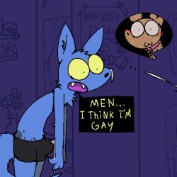 1:1 absurd_res anthro biped black_nose blue_body blue_fur blue_tail blush bodily_fluids brown_body brown_fur canid canine clothed clothing collar cum cum_on_face cute_fangs detailed_background dialogue duo fangs fur genital_fluids hi_res leaking_cum male mammal open_mouth shorts_only silly_imp smile speech_bubble standing tail teeth topless