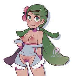 1girls areolae blush breasts breasts_out clothed dark-skinned_female dark_skin eyelashes female female_only flower green_eyes green_hair hairband hand_on_hips human long_hair looking_at_viewer mallow_(pokemon) navel nintendo nipples pokemon pokemon_sm pussy pussy_cutout revealing_clothes sadinsfw sadisticirony shirt smile solo standing tanned_skin text tied_hair tongue tongue_out twintails white_background