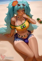 1girls 2d ai_generated aqua_hair ass barefoot big_ass big_breasts bikini bracelet brazilian_miku breasts dark-skinned_female earrings erection erophoenix eyewear_on_head feet full_body futanari grin hair_flower hair_ornament hatsune_miku huge_breasts jewelry kneeling large_penis long_hair looking_at_viewer looking_back nail_polish patreon_username penis shorts smile soles solo solo_female sunglasses swimsuit tan tellow_shirt testicles thick thick_thighs toes uncensored vocaloid