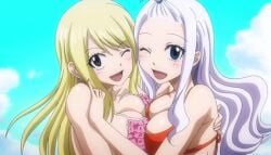 2d 2girls animated anime anime_screencap armpits bikini bikini_bottom bikini_top blonde_hair blonde_hair_female ecchi fairy_tail fanservice female lucy_heartfilia mirajane_strauss modeling multiple_girls official_art pose posing screencap screenshot smile smiling teasing two_girls white_hair white_hair_female