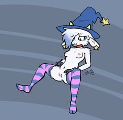 2016 anthro breasts caprine clara_hopper clothing critter_coven ear_piercing female goat hat hooves horn legwear lying mammal mostly_nude nipples piercing pussy salted_milk solo stockings witch_hat