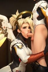 ai_generated blonde_hair blue_eyes bodysuit breasts fellatio female mechanical_halo mechanical_wings mercy oral overwatch overwatch_2 pantyhose penis ponytail straight wings