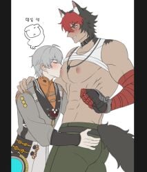 2boys abs animal_ears bandaged_arm bandages bara black_choker blush cargo_pants choker dog_boy ear_piercing jewelry komano_manato large_pectorals male male_focus multicolored_eyes multicolored_hair multiple_boys muscular muscular_male necklace nipples pants pectorals piercing red_eyes scar scar_on_face seum_(kao_husband) shirt short_hair sucking_male_nipple tail white_hair white_shirt wise_(zenless_zone_zero) yaoi zenless_zone_zero