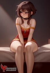 1girls 2d ai_generated ass back bare_shoulders barefoot big_ass bra brown_hair collar erophoenix female female_focus full_body kono_subarashii_sekai_ni_shukufuku_wo long_hair looking_at_viewer megumin pale_skin pale_skinned_female panties patreon_username red_eyes short_hair sitting small_breasts smile soles solo thick thick_thighs uncensored underwear