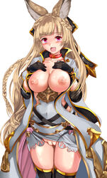 animal_ears breast_hold breasts granblue_fantasy nipples no_bra nopan open_clothes open_shirt pussy shirt thighhighs uchida_shou uncensored yuisis_(granblue_fantasy)