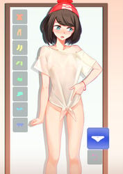 aqua_eyes bandaid black_hair blue_eyes blush bottomless bracelet breasts clothed female hat hud human human_only looking_away mirror no_panties open_mouth pale_skin pointing pokemon pokemon_sm qb see-through selene_(pokemon) shirt short_hair shy standing tongue