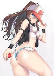 1girls ass ass_cleavage back big_ass blue_eyes blue_panties breasts brown_hair butt_crack clothed clothes dat_ass eyelashes female female_only fur_trim grey_background hat hilda_(pokemon) holding human jacket large_ass long_hair looking_at_viewer looking_back micro_shorts nagase_haruhito nintendo panties poke_ball pokemon pokemon_bw ponytail shirt short_shorts shorts simple_background skimpy small_breasts solo source_request sweatband teeth thick_thighs thighs thong tied_hair white_background wide_hips