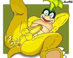 1boy 2017 animal_genitalia anthro anus ass balls barefoot erection eyewear front_view gaping gaping_anus glasses green_background humanoid_penis iggy_koopa koopa koopaling legs_up looking_at_viewer lusarthel lying male male_only mario_(series) nintendo nude on_back open_mouth penis perineum presenting presenting_anus presenting_hindquarters raised_leg scalie sharp_teeth shell-less signature simple_background smile solo spread_anus spread_legs spreading teeth testicles tongue white_border young