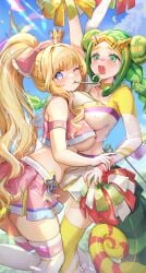 blonde_hair blue_eyes chameleon chameleon_girl chameleon_humanoid chameleon_tail cheerleader cheerleader_costume cheerleader_outfit cheerleader_uniform green_eyes green_hair hugging_girls isekai_slow_life lulu_isekai_slow_life merry_isekai_slow_life one_nipple_out two_girls