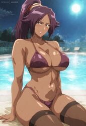 1girls ai_generated aimhoen almost_naked artist_name big_breasts bleach colored dark-skinned_female dark_skin detailed_background female_only fishnet_legwear long_hair looking_at_viewer moon night patreon ponytail pool purple_bikini_top purple_hair shihouin_yoruichi shiny_skin sky smile solo_female sweat thick_thighs trees uncensored voluptuous voluptuous_female water yellow_eyes