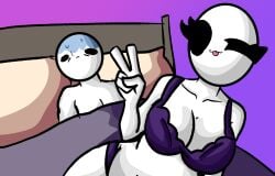 :3 bald bald_female bed belly belly_button black_eyes bra breasts chetoh chubby chubby_female claire_(chetoh) cleavage drained egg eggmale female female_focus looking_at_viewer oc original original_character peace_sign purple_background purple_bra purple_panties smile smiling smiling_at_viewer tongue_out topless_male white_body