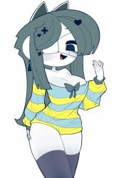 1girls 4_ears baggy_clothing big_breasts black_eyes cat_ears curvy dog_ears dominant dominant_female eye_patch female grey_hair hair_ornament hand_on_hip hss_dada huge_thighs long_hair ribbon striped_clothing tall_female temmie temmie_(undertale) thick thick_thighs thighhighs thighs undertale white_body