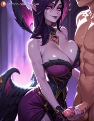 ai_assisted ai_generated faceless_male handjob league_of_legends looking_at_viewer morgana oujisan purple_dress purple_eyes purple_hair purple_lipstick purple_nails purple_skin standing standing_handjob standing_masturbation