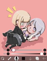 2girls blonde_hair blush caught_in_the_act embarrassed ibispaintx kirifuji_nozomi lesbian mii nintendo novemblem oosuzuki_kurara partially_undressed the_hundred_line_-last_defense_academy- tomodachi_life tomodachi_life:_living_the_dream yuri
