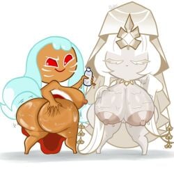 2girls anthro ass ass_focus big_ass big_breasts blue_hair breasts breasts brown_body brown_skin closed_eyes completely_nude completely_nude_female cookie_run cookie_run_kingdom eyes_open female female_only fox_girl fox_tail god goddess kumiho_cookie looking_at_viewer looking_back mystic_flour_cookie naked naked_female nipples red_eyes red_shirt rexoacrylla smaller_female thick_ass thick_thighs thighs white_background white_fur white_hair white_skin